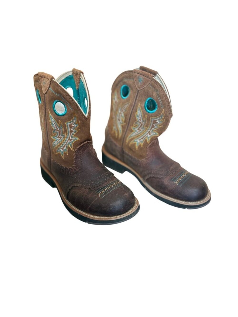 Ariat Fat Baby Women's Leather Boots Brown Teal Size 7.5B Western Country Riding